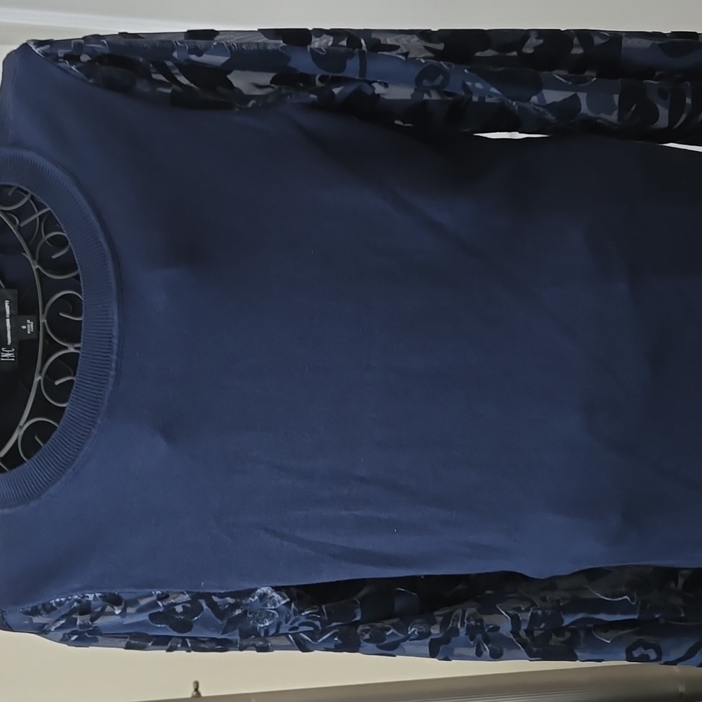 INC Sz S Navy Blue Floral Sheer and Velvet L/S Sleeve Sweater